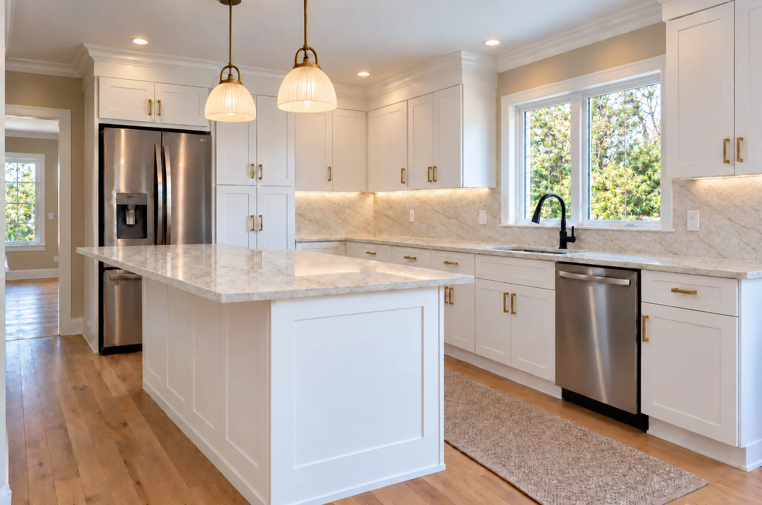 White kitchen design visualization with champagne hardware and matching stone countertop and backsplash