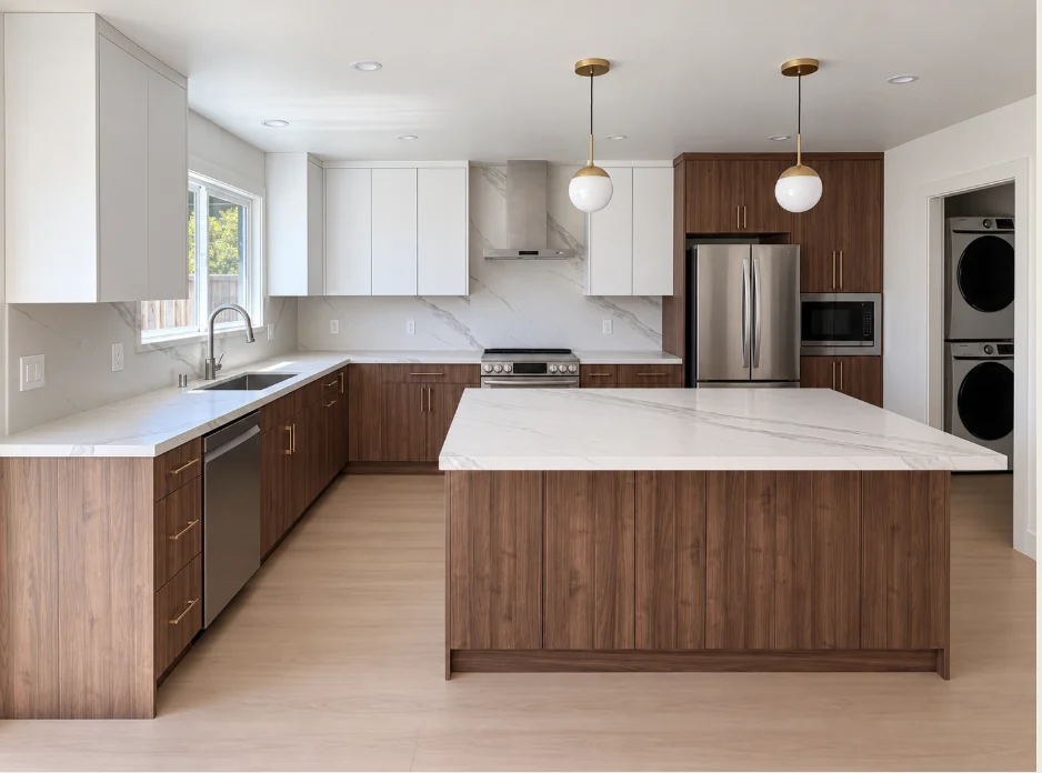 Kitchen with Moonnut woodgrain base cabinets, matt white upper cabinets, and a central island