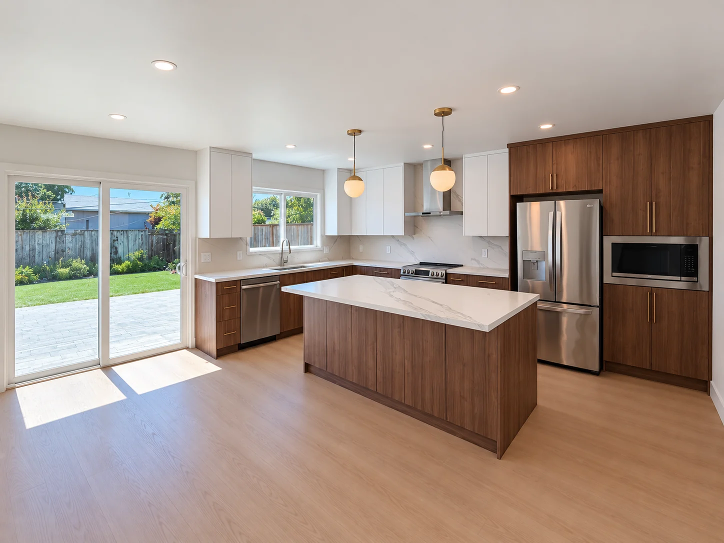 Full kitchen overview with Moonnut cabinetry and matt white upper cabinets
