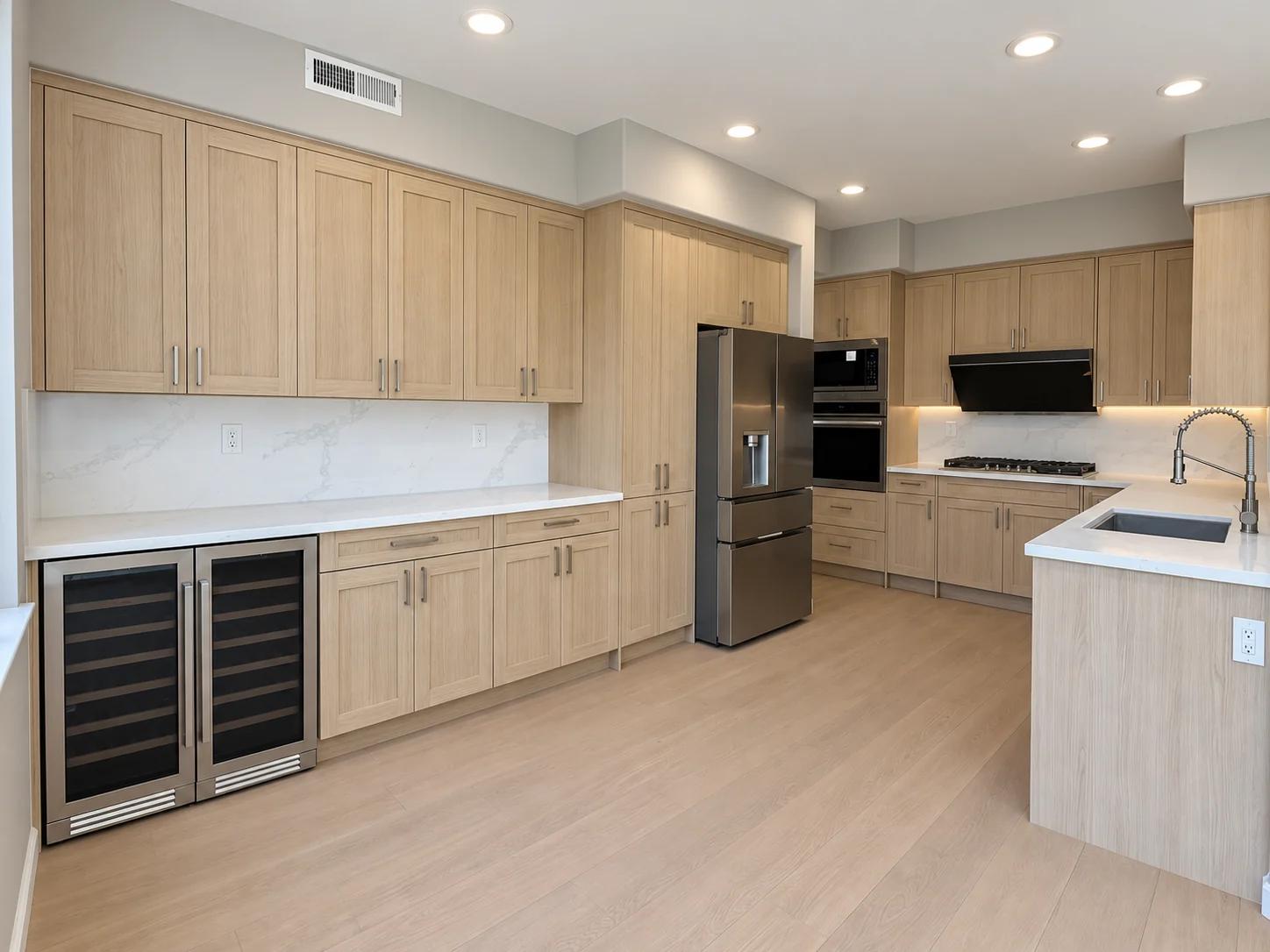Morden Oak kitchen with matching woodgrain cabinetry throughout the home