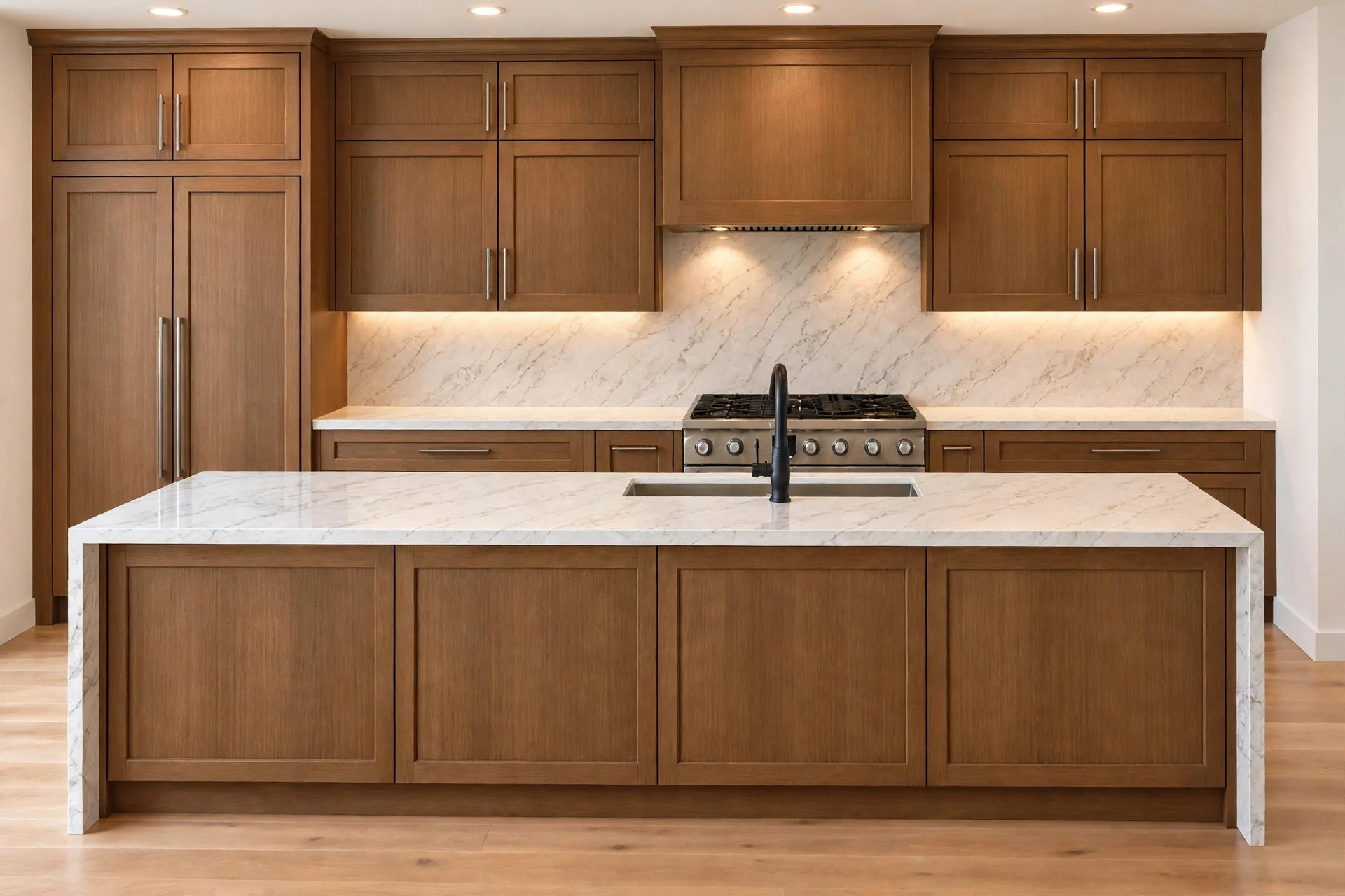 Oak Shaker kitchen in SB025 Warmth with a stone waterfall island