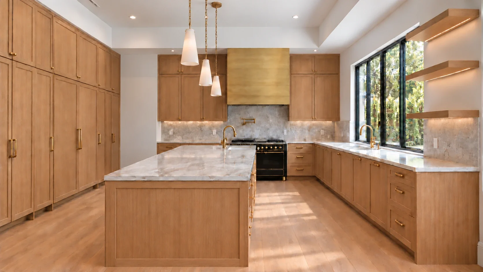Warm wood Shaker kitchen with brass hood, central island and tall cabinetry